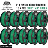Ten spools of 1kg Christmas Green PLA filament arranged in two rows on a white background, with the SpoolSpider logo, 'PLA SINGLE COLOUR BUNDLE 10 X 1KG CHRISTMAS GREEN' text, and an 'EN71-3 CERTIFIED' badge.