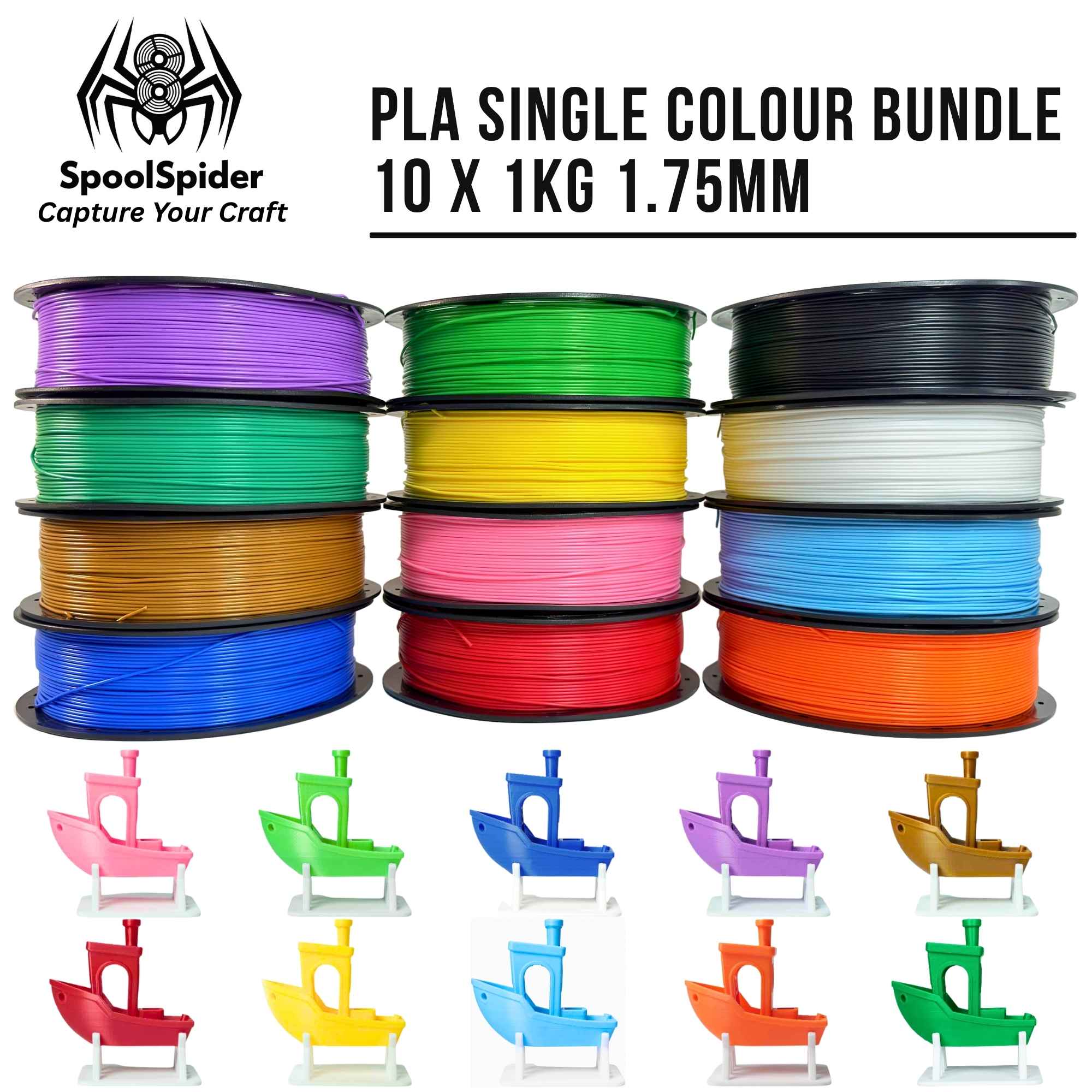 SpoolSpider PLA single color bundle of 10 x 1kg 1.75mm filament spools shown in multiple colors, with small boat-shaped color swatches below each spool on a white background.