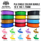 SpoolSpider PLA single color bundle of 10 x 1kg 1.75mm filament spools shown in multiple colors, with small boat-shaped color swatches below each spool on a white background.