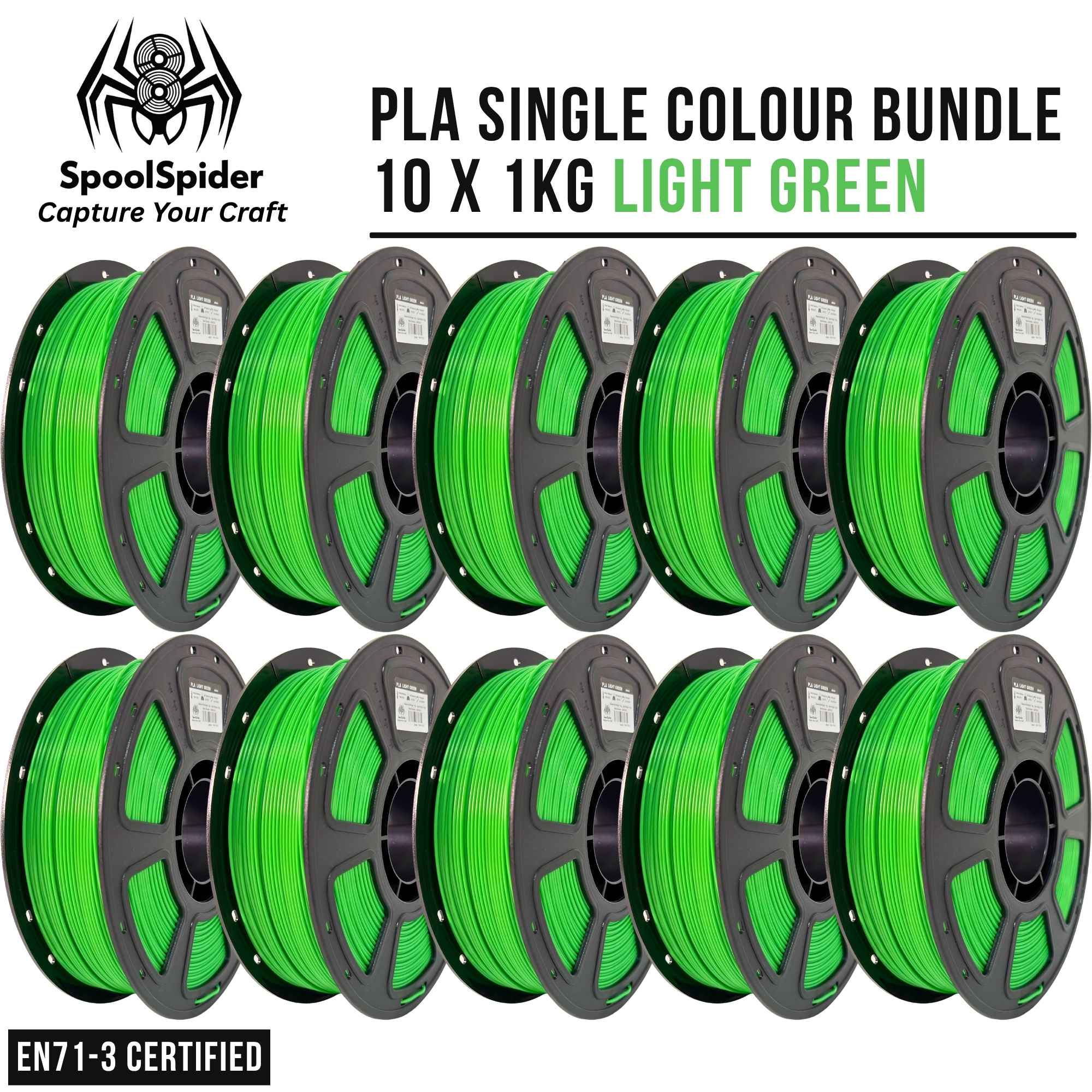 Ten spools of bright light green PLA filament arranged in two rows on a white background, with the brand name SpoolSpider, text reading 'PLA SINGLE COLOUR BUNDLE 10 X 1KG LIGHT GREEN', and an EN71-3 certified badge.