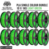 Ten spools of bright light green PLA filament arranged in two rows on a white background, with the brand name SpoolSpider, text reading 'PLA SINGLE COLOUR BUNDLE 10 X 1KG LIGHT GREEN', and an EN71-3 certified badge.