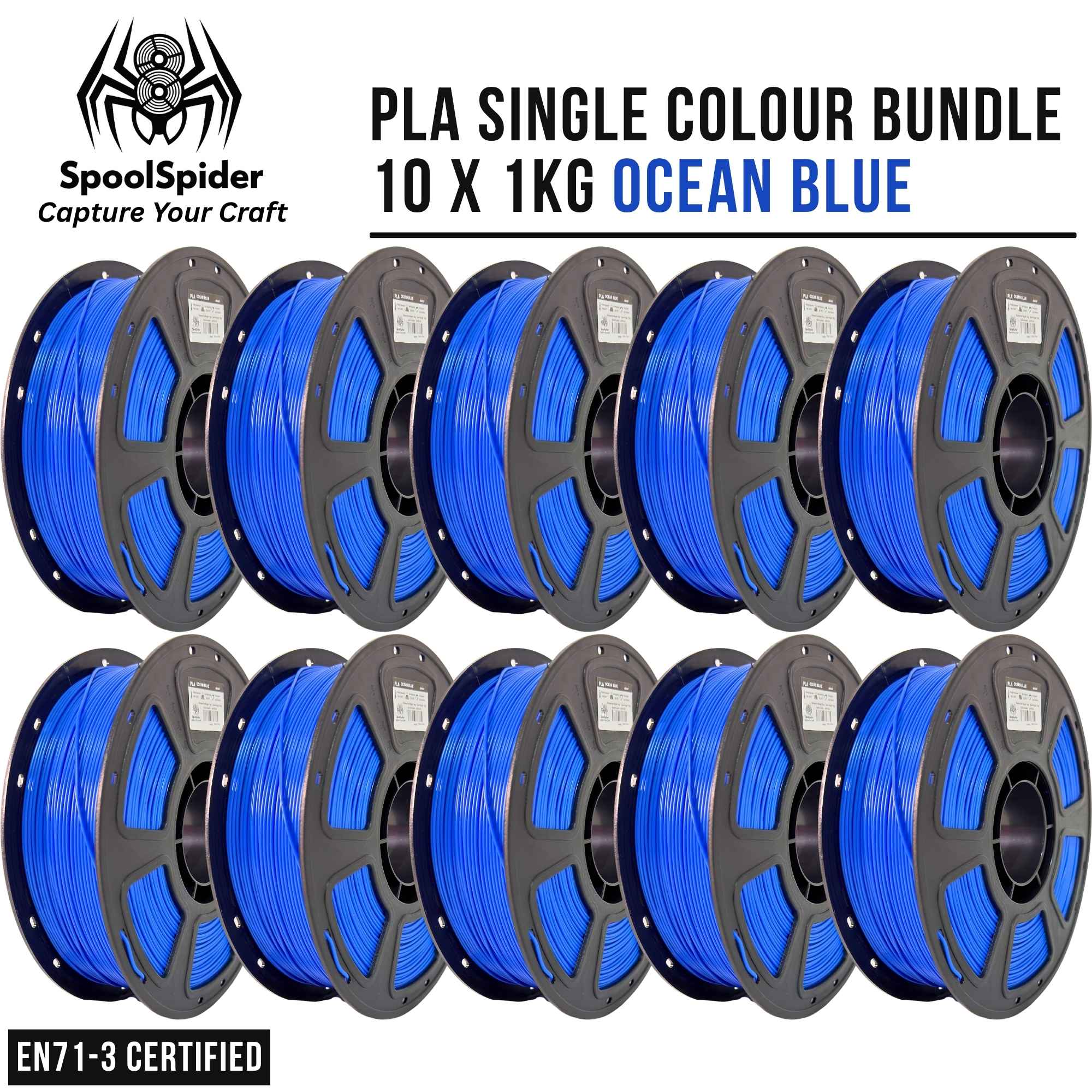Ten spools of 1kg PLA 3D printing filament in Ocean Blue color, arranged in two rows of five on a white background. The brand 'SpoolSpider' is visible in the top left, with text reading 'PLA SINGLE COLOUR BUNDLE 10 X 1KG OCEAN BLUE' and an 'EN71-3 CERTIFIED' badge in the bottom left corner.