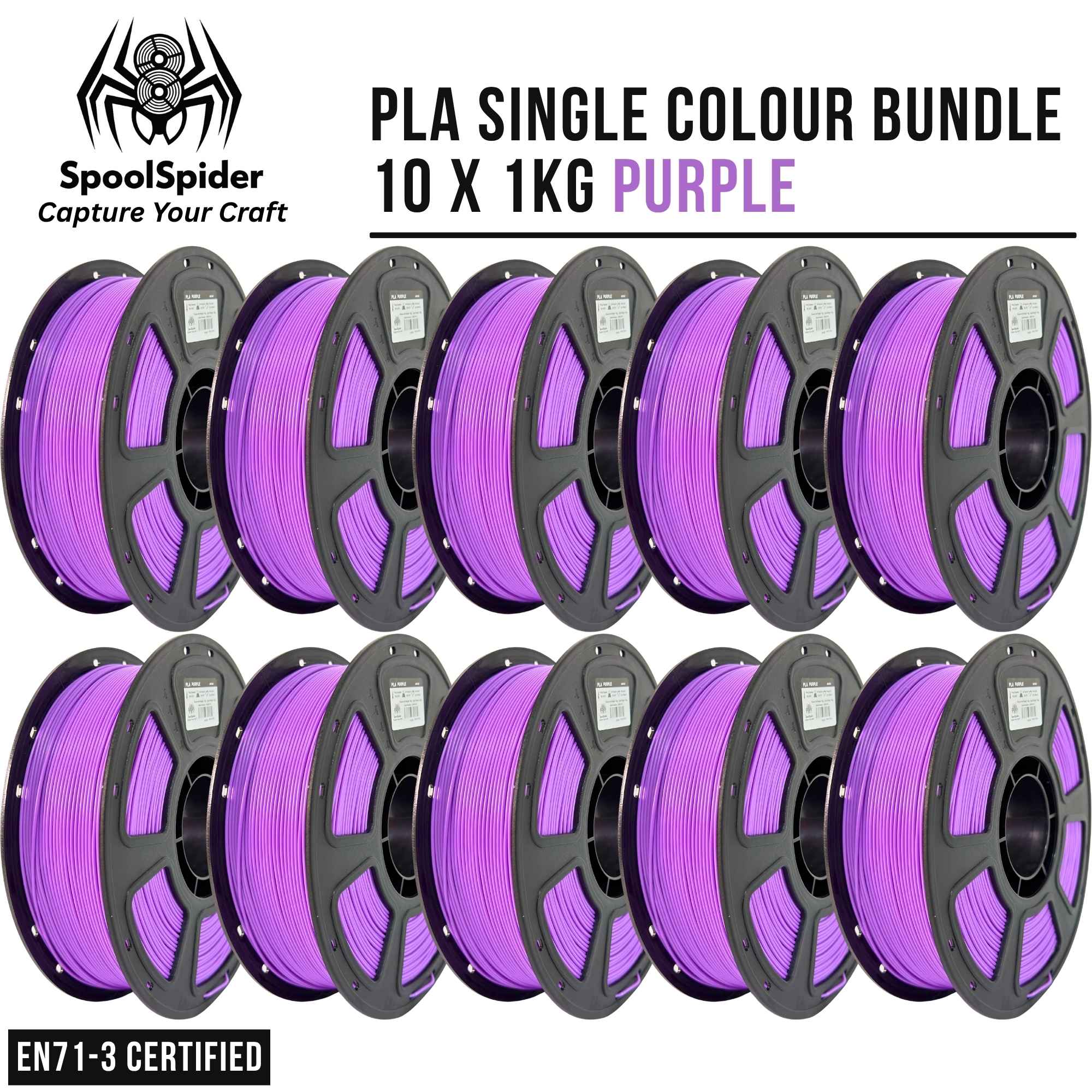 Ten spools of purple PLA filament arranged in two rows on a white background, with text reading 'PLA SINGLE COLOUR BUNDLE 10 X 1KG PURPLE' and the SpoolSpider logo.