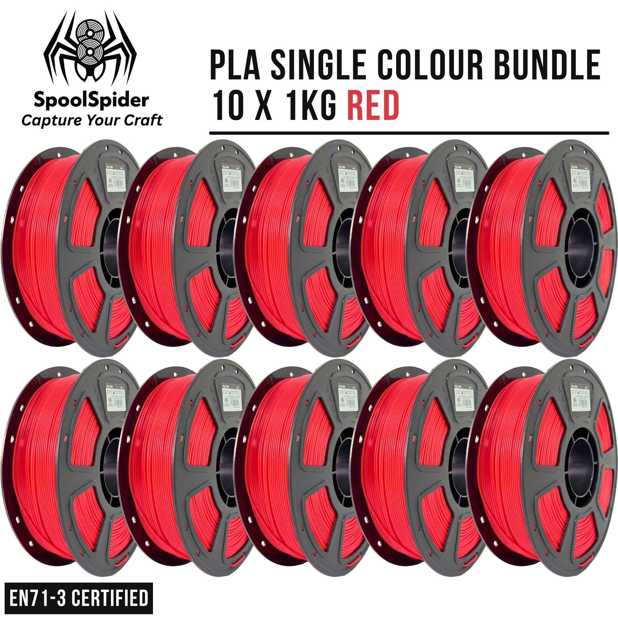 Ten red PLA 3D printing filament spools arranged in two rows on a white background, with text reading 'PLA SINGLE COLOUR BUNDLE 10 X 1KG RED' and the SpoolSpider logo. EN71-3 Certified banner in corner. 