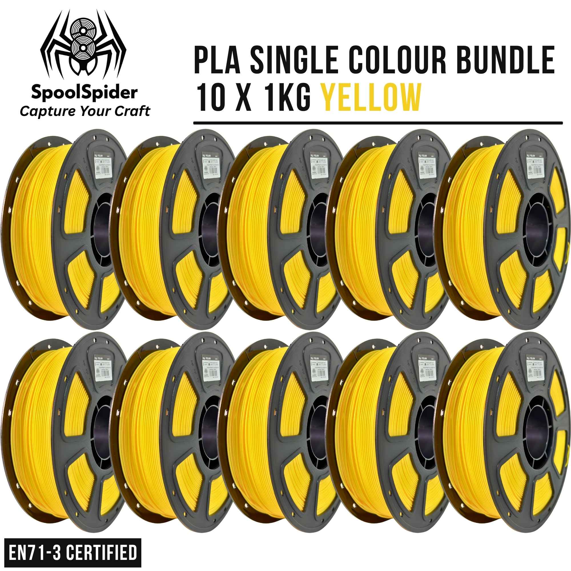 Ten spools of yellow PLA filament arranged in two rows on a white background, with text reading 'PLA SINGLE COLOUR BUNDLE 10 X 1KG YELLOW' and the SpoolSpider logo.