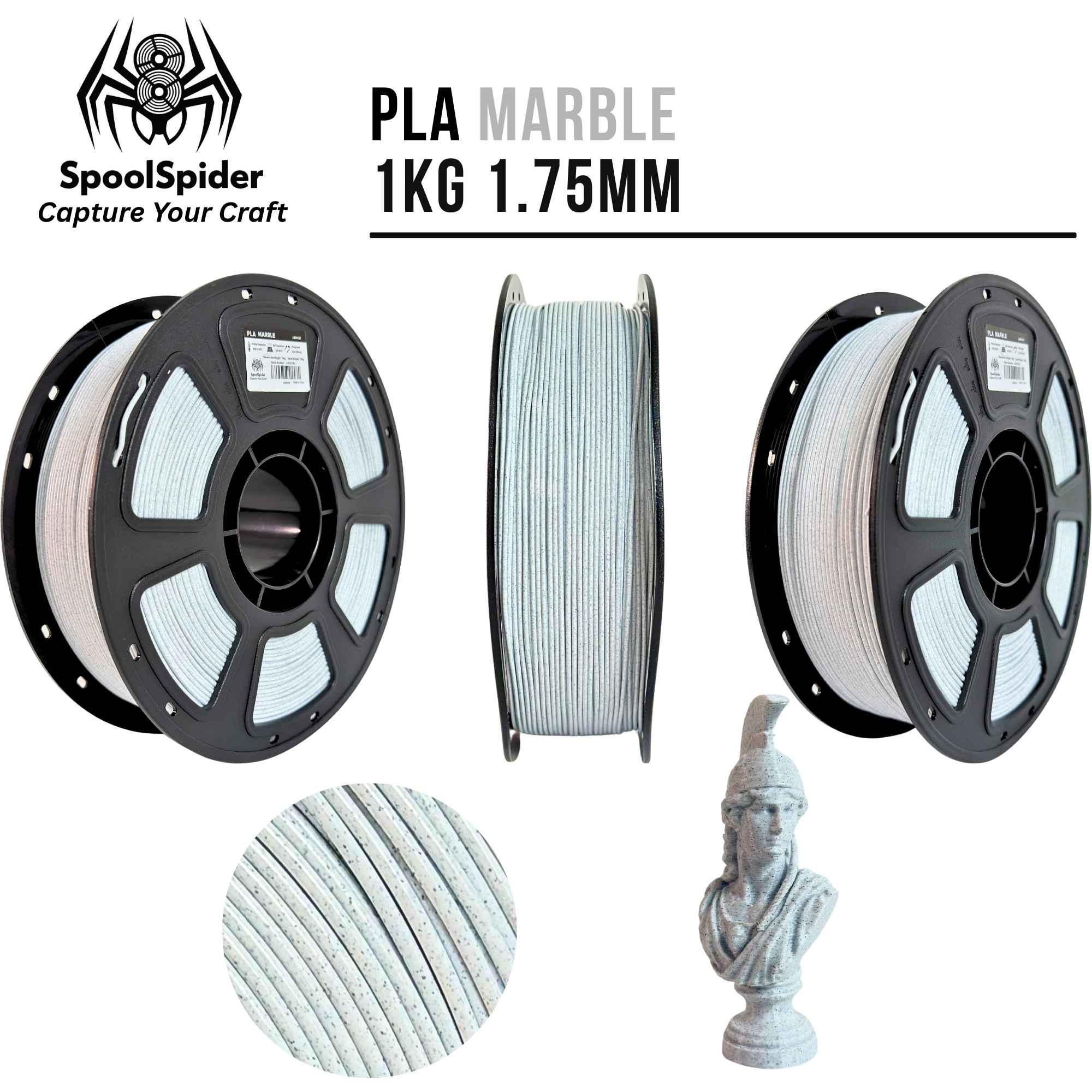SpoolSpider PLA Marble 1KG 1.75mm 3D printing filament shown on black spools, with a close-up of the marble texture and a small marble bust model on a white background.