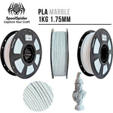 SpoolSpider PLA Marble 1KG 1.75mm 3D printing filament shown on black spools, with a close-up of the marble texture and a small marble bust model on a white background.