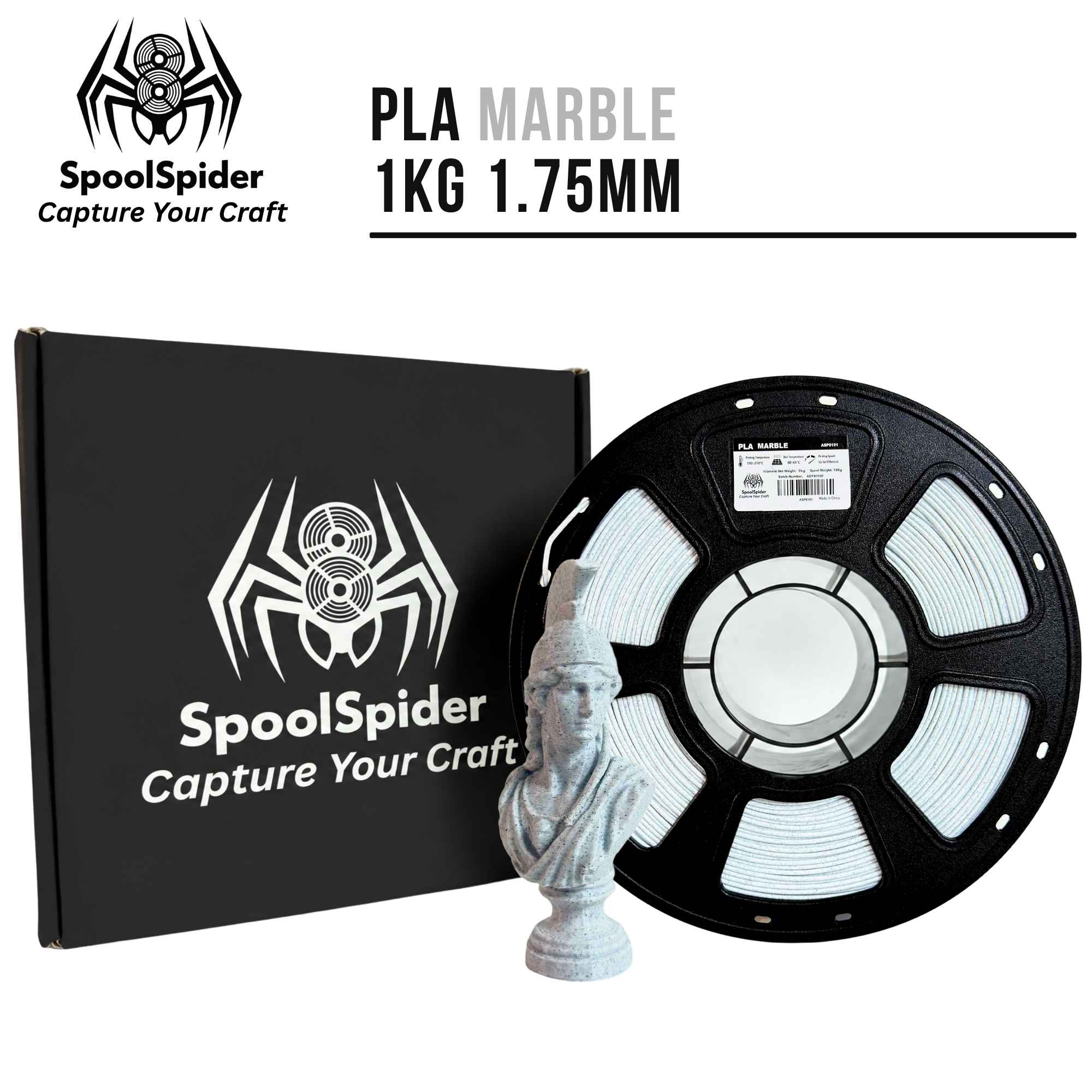 SpoolSpider PLA Marble 1KG 1.75mm 3D printer filament shown on a black spool next to its black branded box and a small white marble bust model, on a white background.