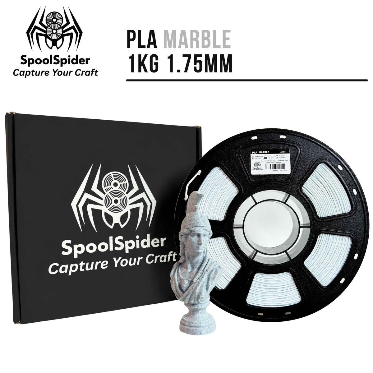SpoolSpider PLA Marble 1KG 1.75mm 3D printer filament shown on a black spool next to its black branded box and a small white marble bust model, on a white background.