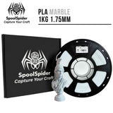 SpoolSpider PLA Marble 1KG 1.75mm 3D printer filament shown on a black spool next to its black branded box and a small white marble bust model, on a white background.