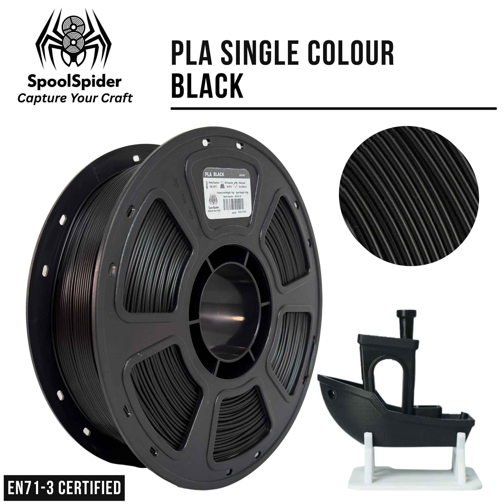 SpoolSpider PLA single color black 3D printer filament on a spool, with a circular close-up of the filament texture, a small black boat test print, and EN71-3 Certified badge on a white background.