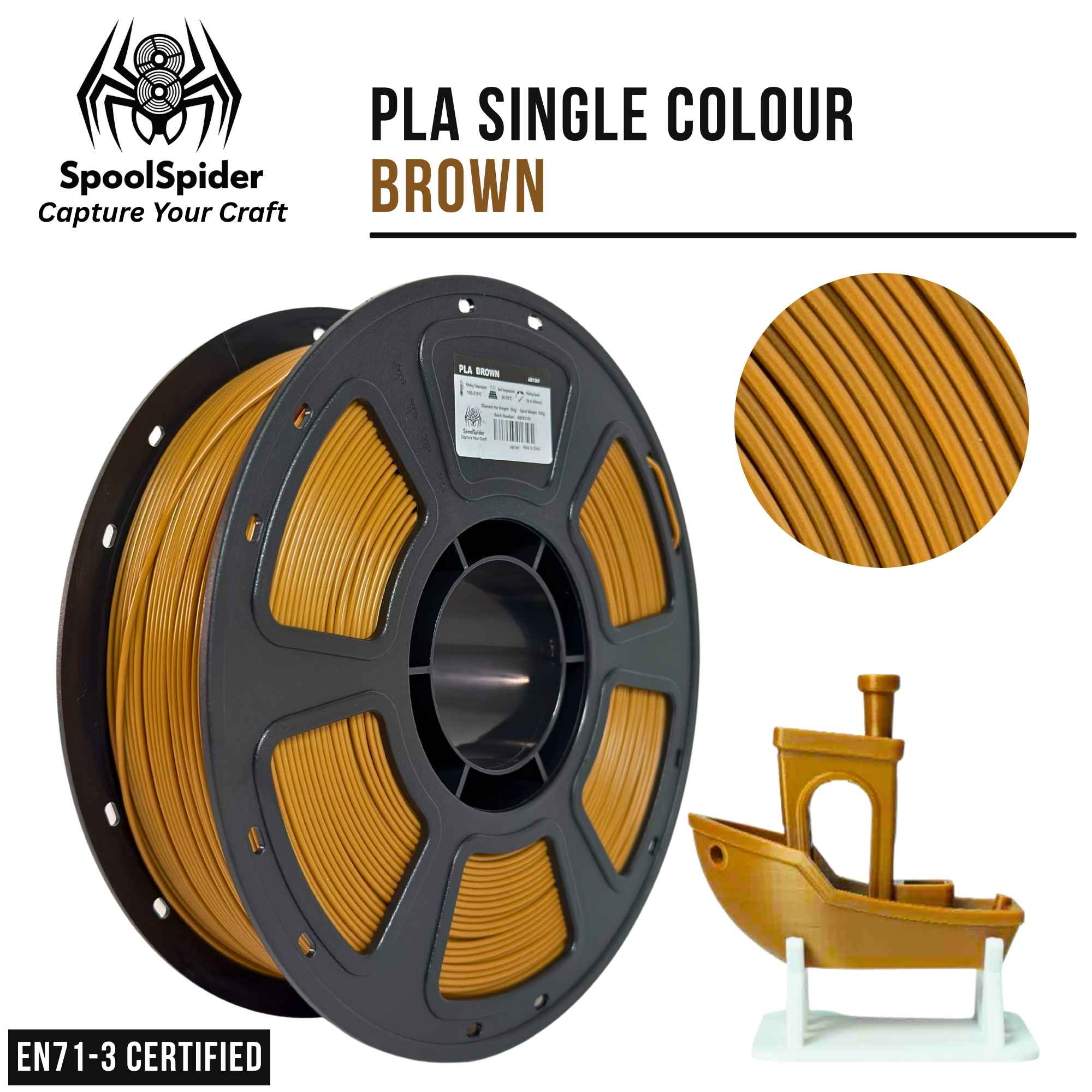 SpoolSpider PLA single-color 1kg 1.75mm 3D printer filament in brown, shown on a black spool with a circular close-up of the filament texture and a small green 3D model print on a white background. EN71-3 Certified