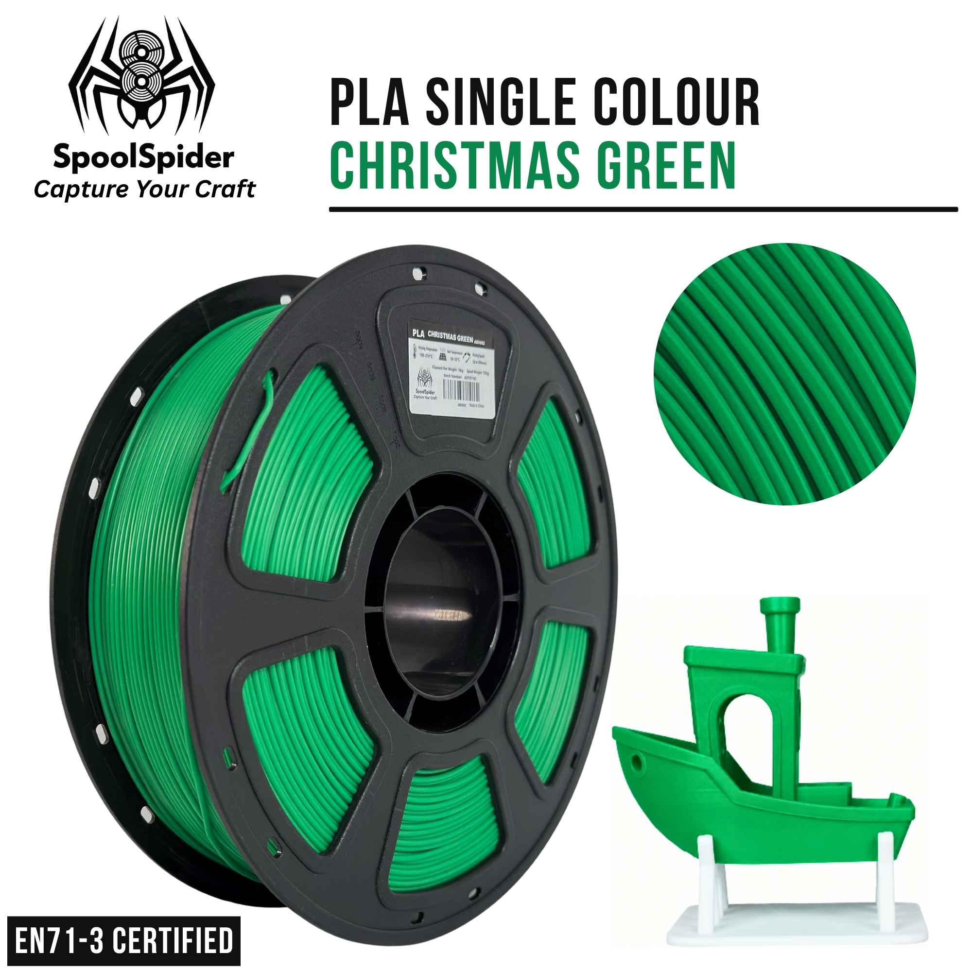 SpoolSpider PLA 3D printer filament in Christmas Green, wound on a black spool with a circular color swatch inset and a small green 3D-printed boat model shown on a white background. EN71-3 Certified Banner in the corner. 