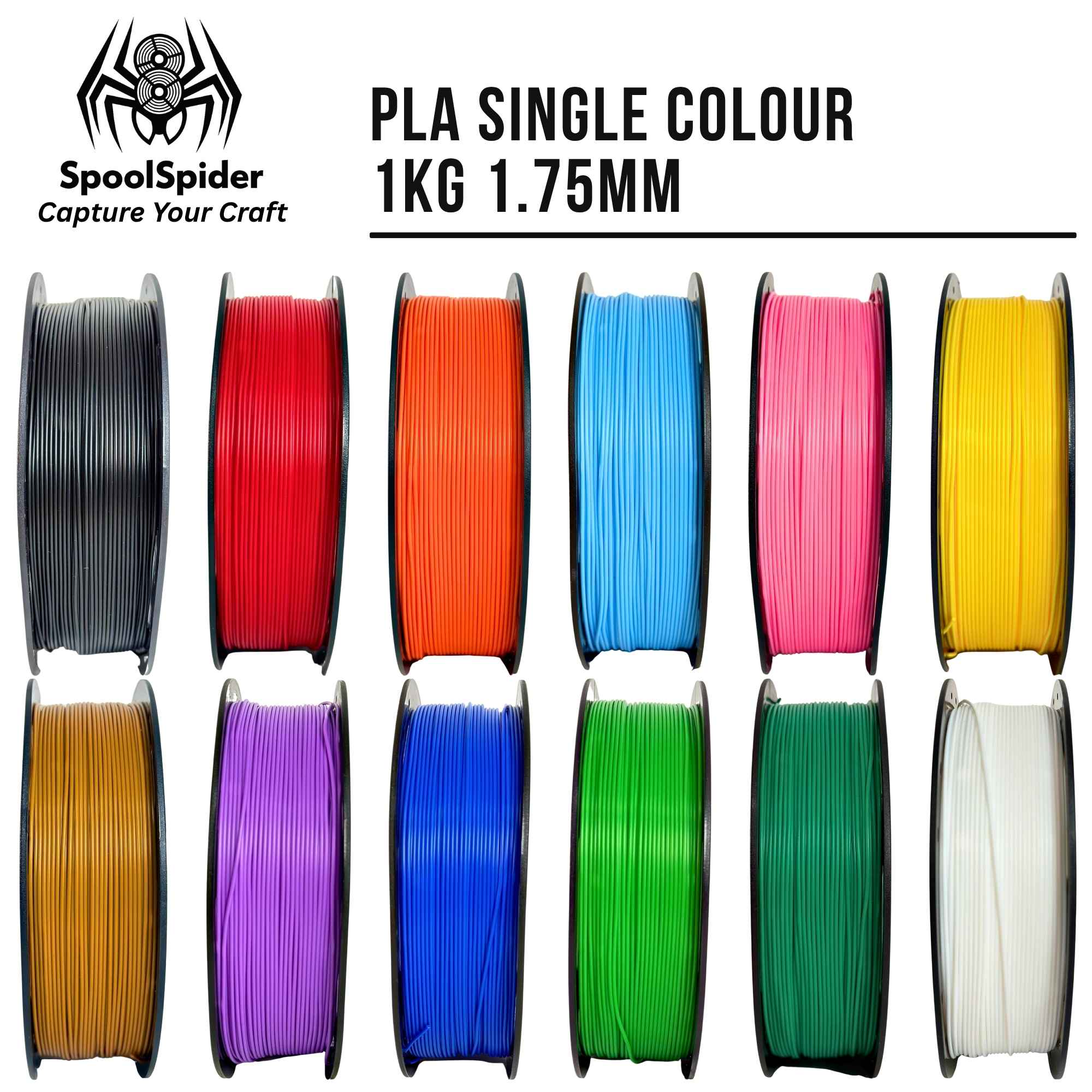 A product display for 1KG 1.75mm PLA single-color 3D printing filament spools by SpoolSpider, showing ten different colors in two rows against a white background with product text and logo.
