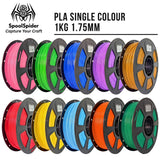 A promotional graphic showing multiple spools of PLA 3D printer filament in different single colors, arranged in two rows on a white background. Text at the top reads 'PLA SINGLE COLOUR 1KG 1.