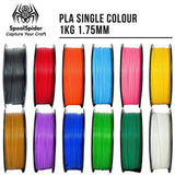 A product display for 1KG 1.75mm PLA single-color 3D printing filament spools by SpoolSpider, showing ten different colors in two rows against a white background with product text and logo.