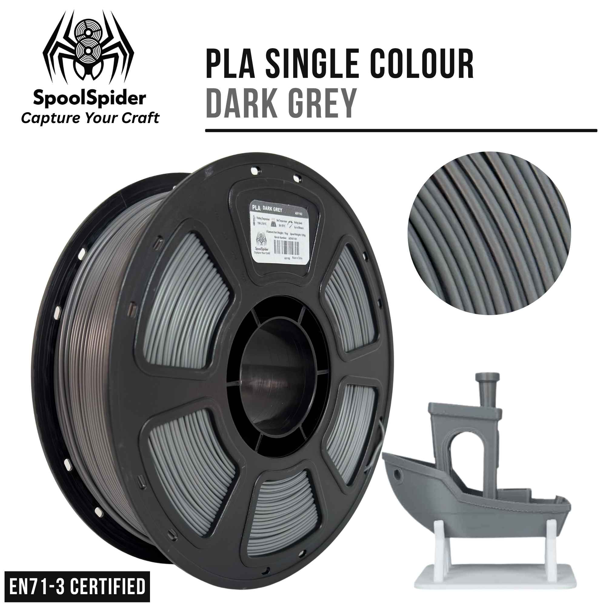 SpoolSpider PLA single color 3D printer filament in dark grey, shown on a large spool with a circular close-up of the filament strands and a small grey boat model demonstrating the print quality. EN71-3 Certified banner in lower left side corner.