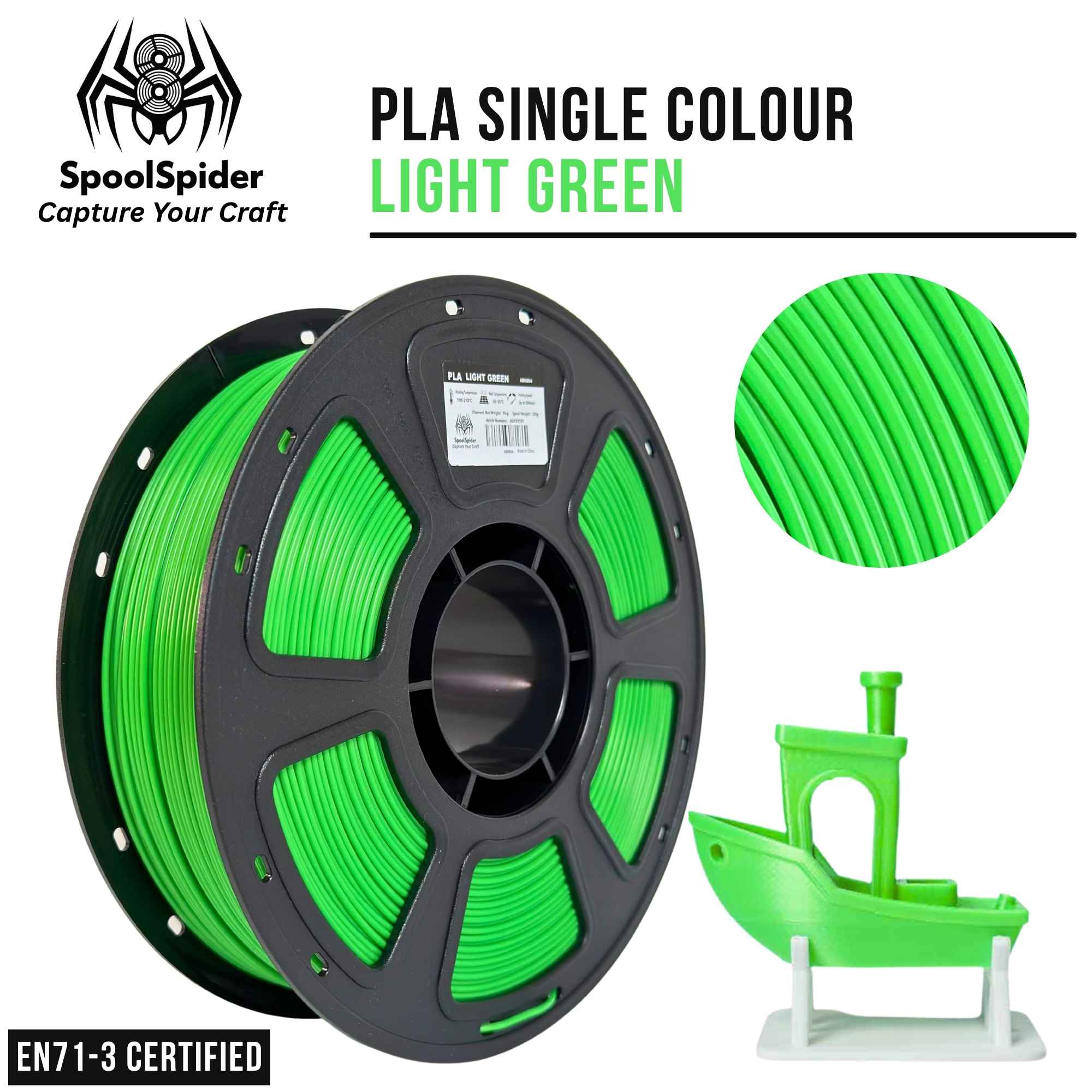SpoolSpider PLA single-color 1kg 1.75mm 3D printer filament in light green, shown on a black spool with a circular close-up of the filament texture and a small green 3D model print on a white background. EN71-3 Certified