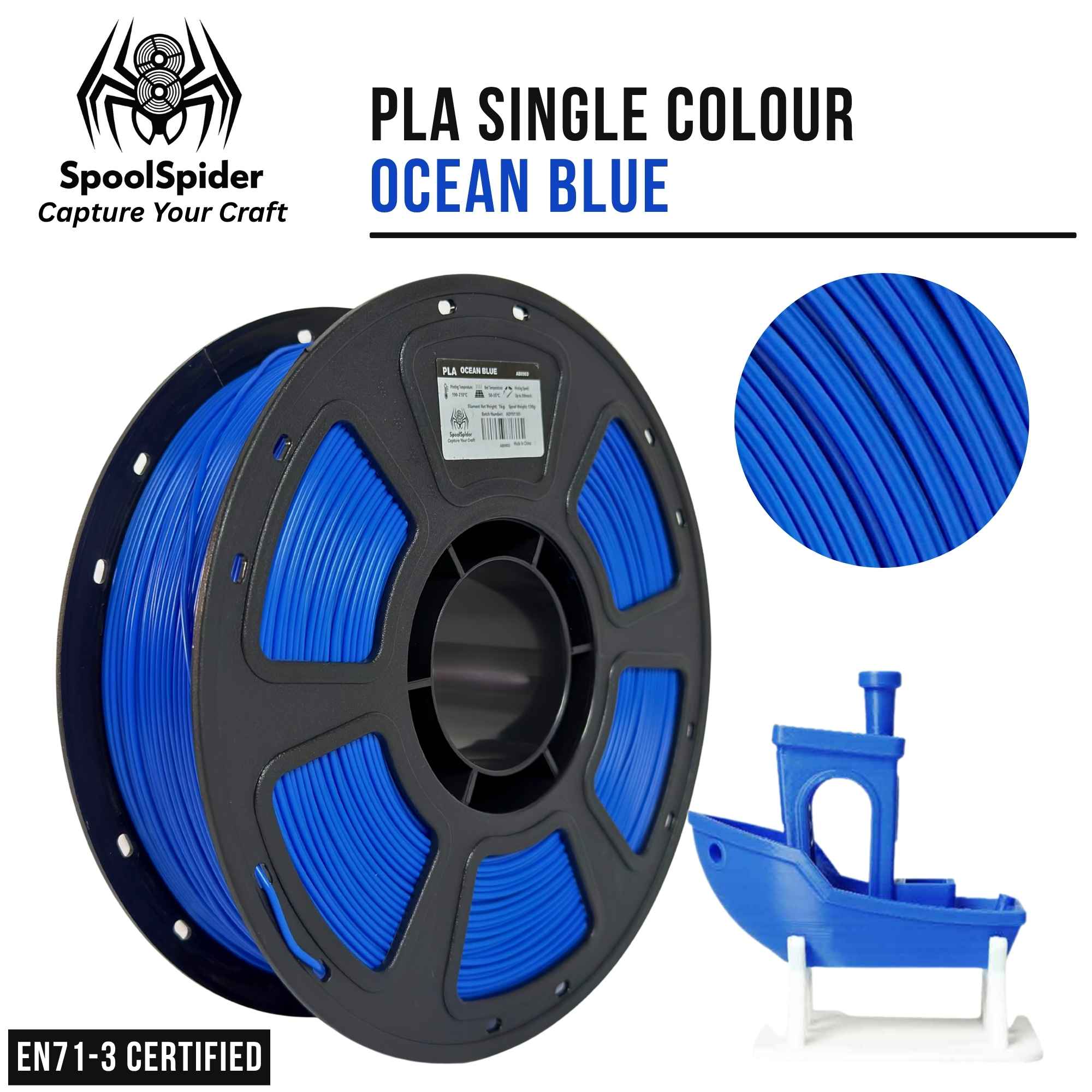 SpoolSpider PLA single-color 1kg 1.75mm 3D printer filament in ocean blue, shown on a black spool with a circular close-up of the filament texture and a small green 3D model print on a white background. EN71-3 Certified