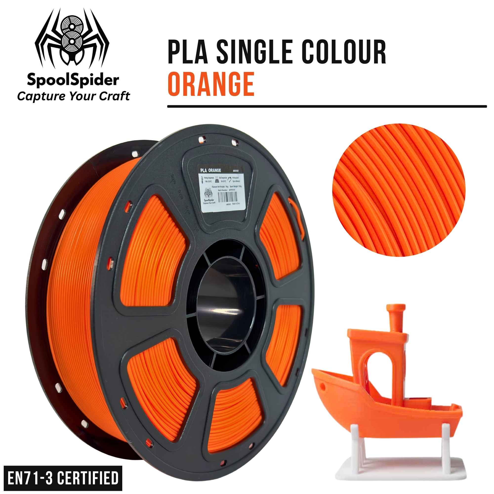 SpoolSpider PLA single-color 1kg 1.75mm 3D printer filament in orange, shown on a black spool with a circular close-up of the filament texture and a small green 3D model print on a white background. EN71-3 Certified