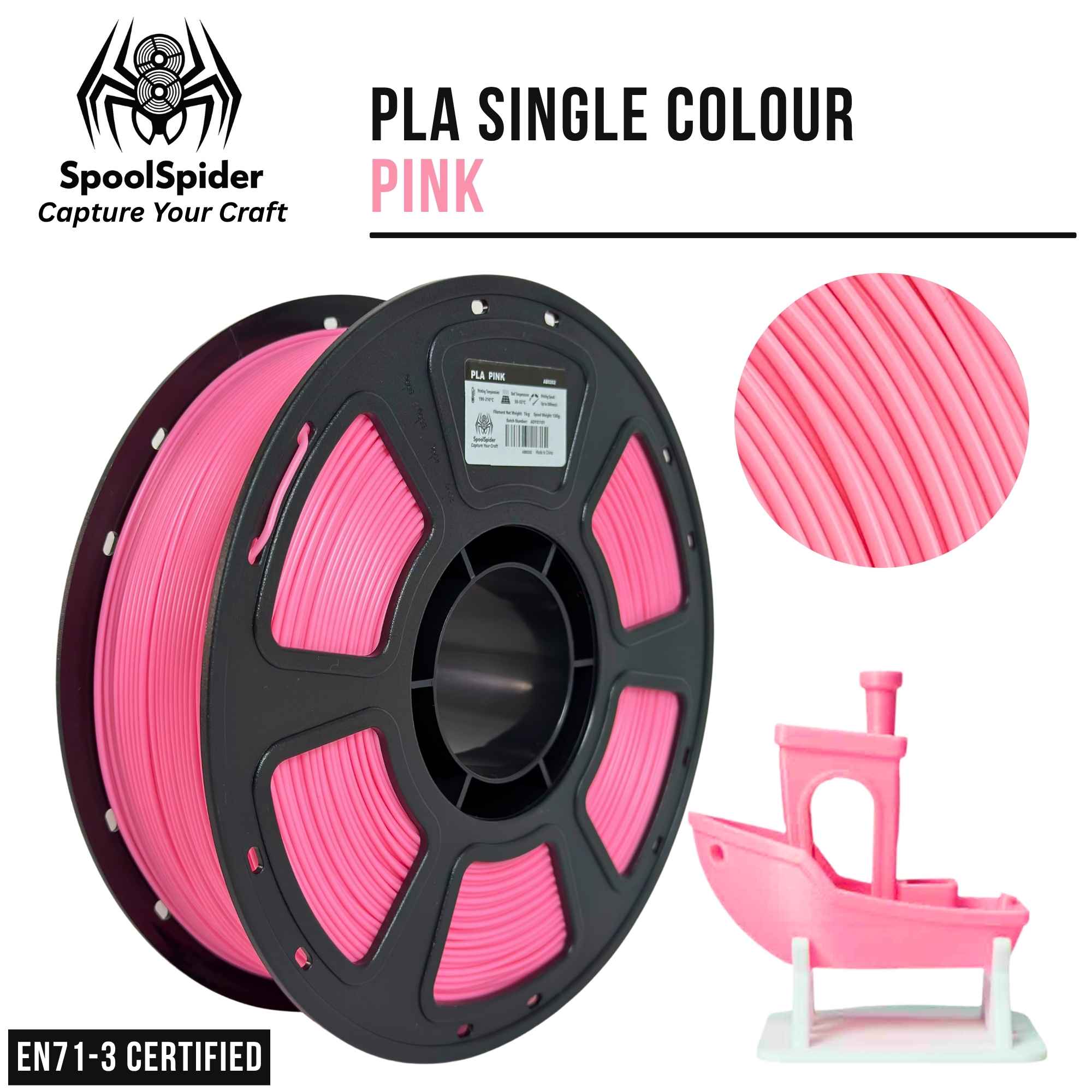 SpoolSpider PLA single-color 1kg 1.75mm 3D printer filament in pink, shown on a black spool with a circular close-up of the filament texture and a small green 3D model print on a white background. EN71-3 Certified