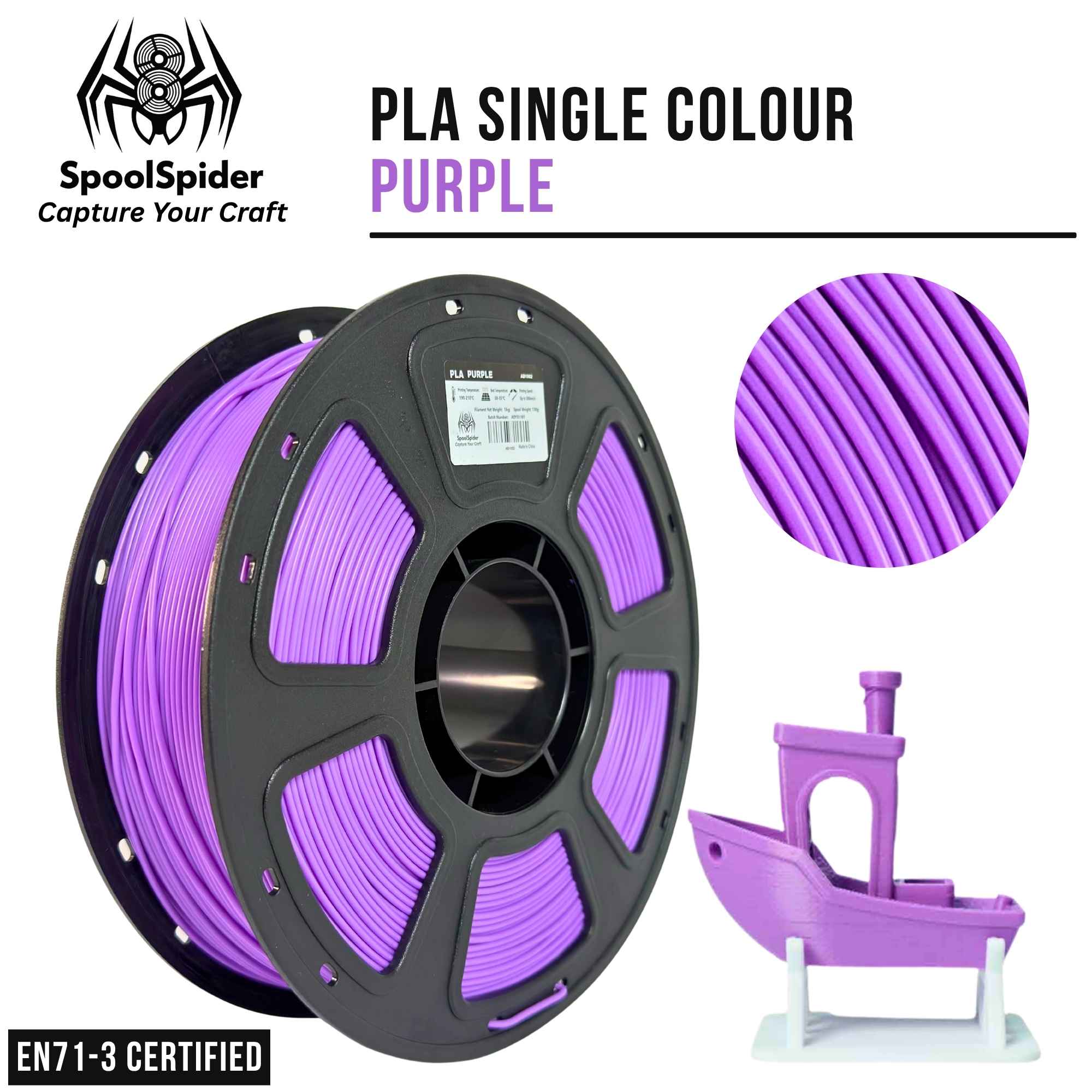 SpoolSpider PLA single-color 1kg 1.75mm 3D printer filament in purple, shown on a black spool with a circular close-up of the filament texture and a small green 3D model print on a white background. EN71-3 Certified