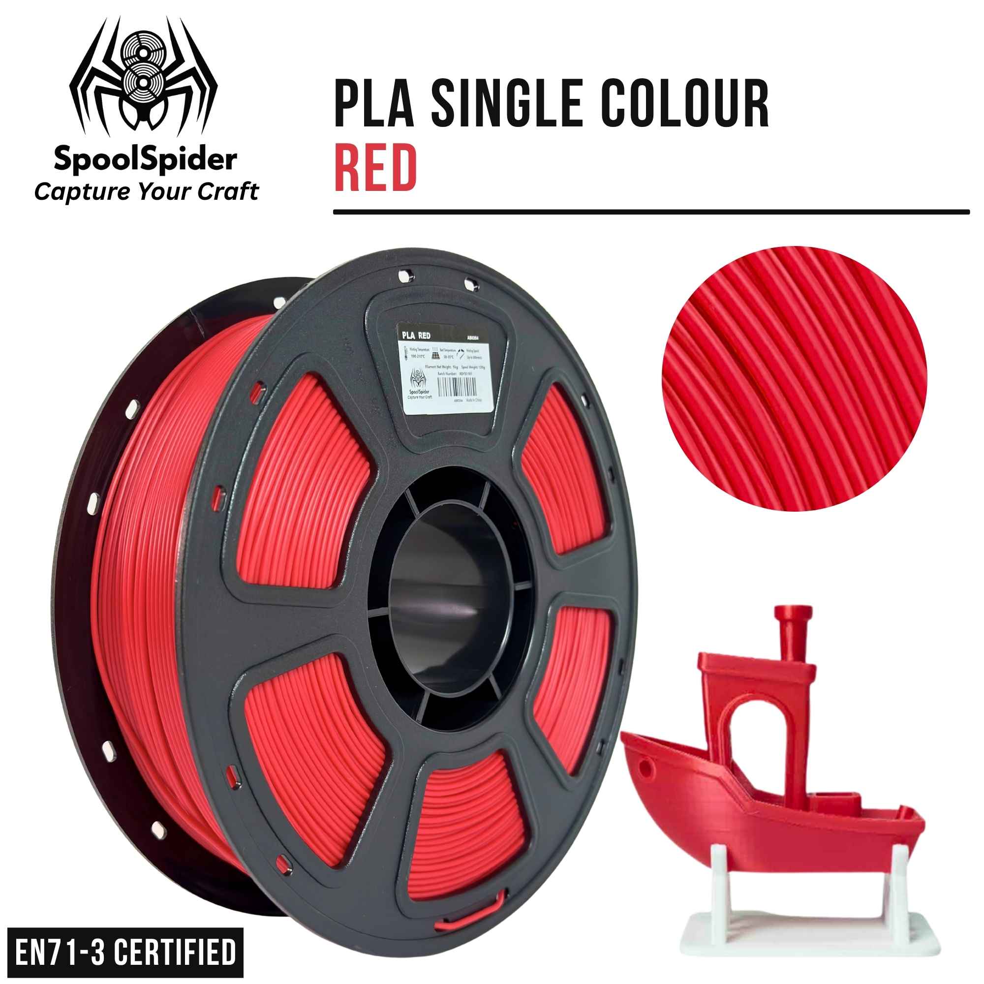 SpoolSpider PLA single color red 3D printer filament on a black spool, with a circular close-up of the red filament texture and a small red printed boat model on a white background. Text reads 'PLA SINGLE COLOUR RED' and 'EN71-3 CERTIFIED'.