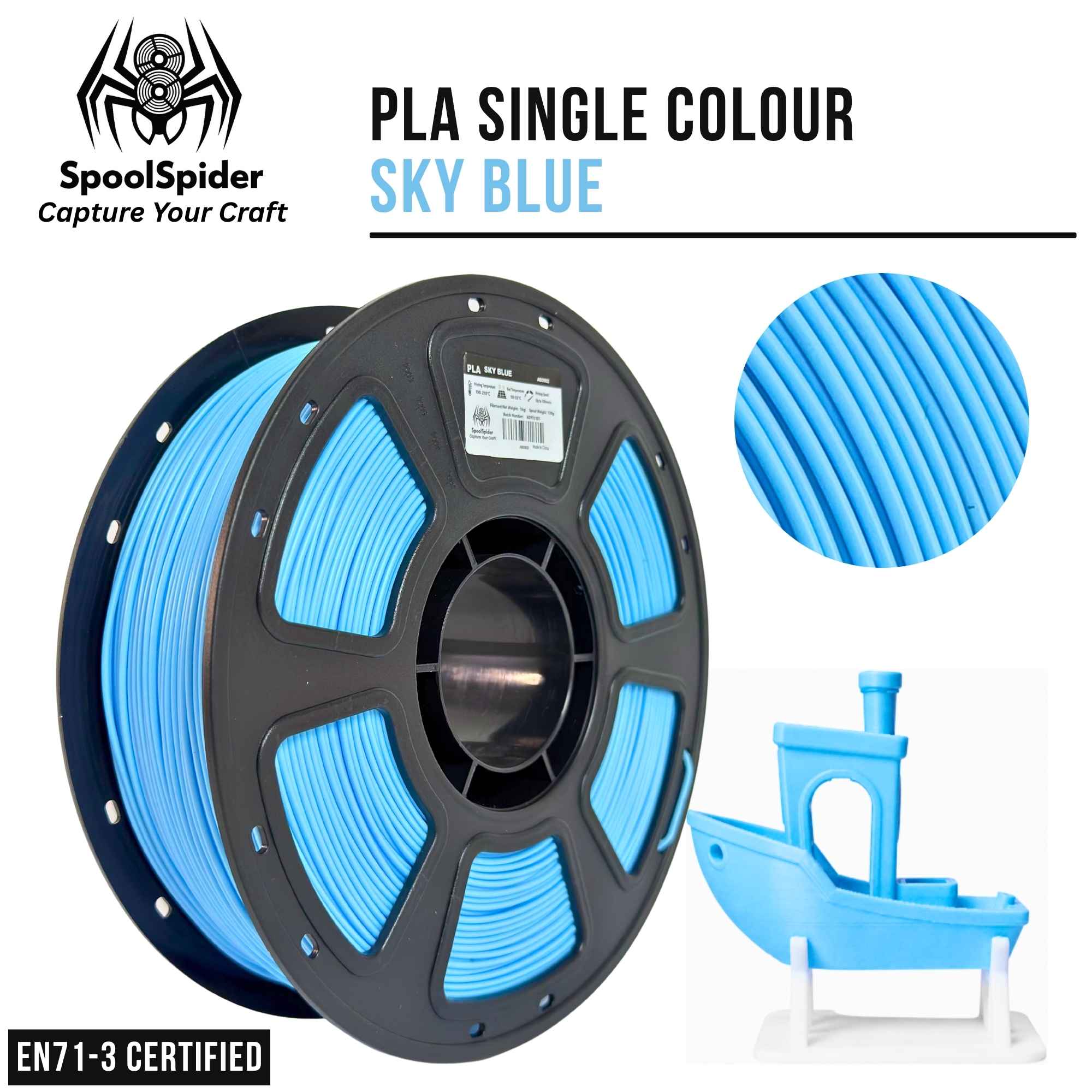 A spool of PLA single-color 3D printer filament in sky blue, shown alongside a circular close-up of the filament texture and a small blue printed boat model. The brand SpoolSpider is visible at the top left, with text reading 'PLA SINGLE COLOUR SKY BLUE' and 'EN71-3 CERTIFIED'.