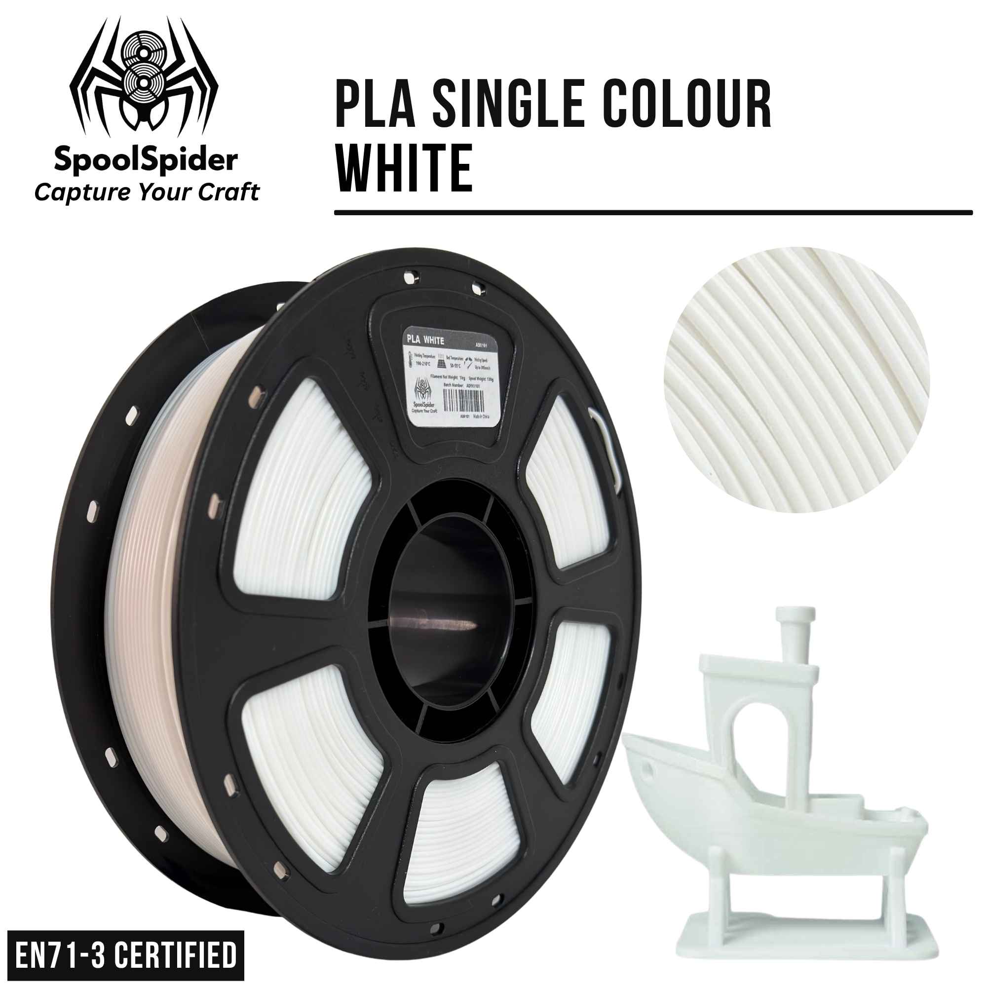 SpoolSpider PLA single color white 3D printer filament on a black spool, with a circular close-up of the white filament strands and a small white boat print sample on a clean white background. EN71-3 Certified