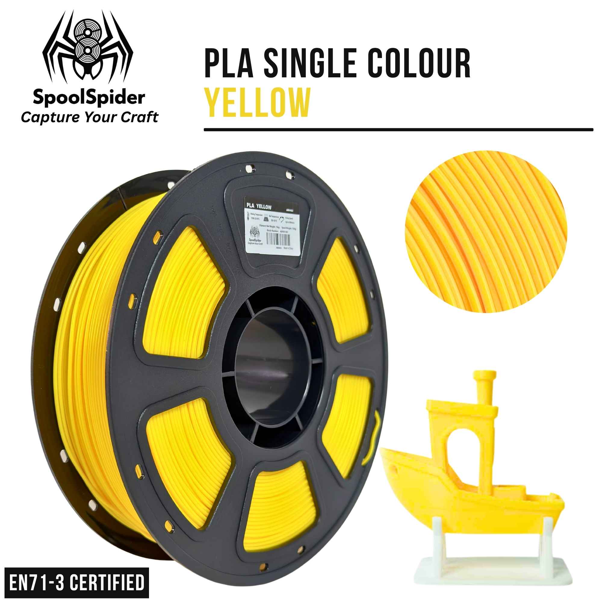 SpoolSpider PLA single-color 1kg 1.75mm 3D printer filament in yellow, shown on a black spool with a circular close-up of the filament texture and a small green 3D model print on a white background. EN71-3 Certified