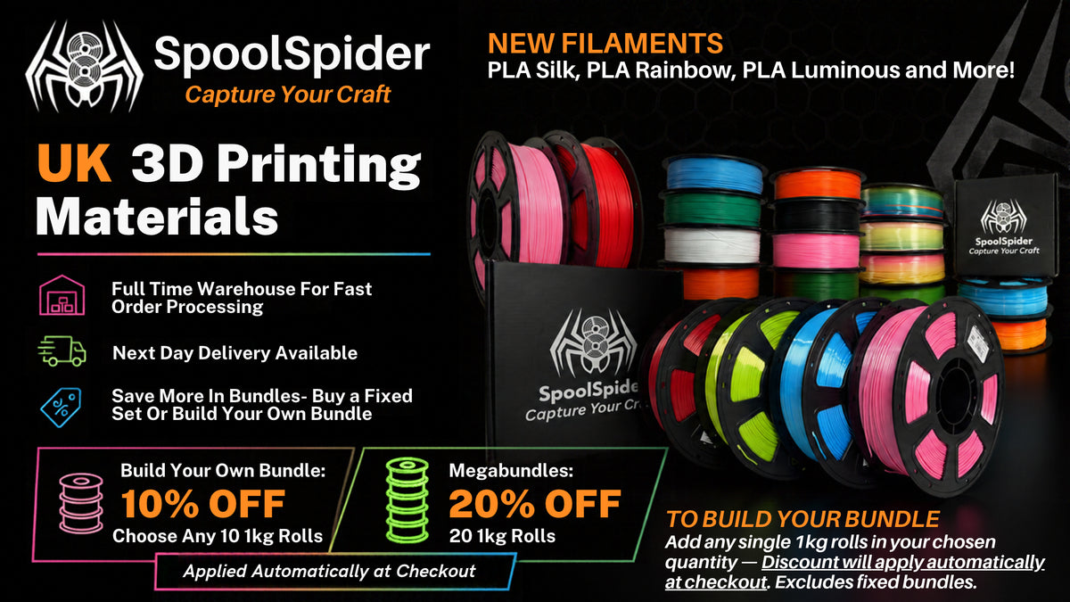 Promotional graphic for SpoolSpider UK 3D Printing Materials showing multiple spools of filament in assorted colors beside black product boxes, with large text advertising new filaments and bundle discounts.