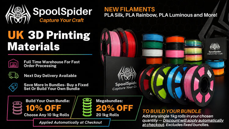 Promotional graphic for SpoolSpider UK 3D Printing Materials showing multiple spools of filament in assorted colors beside black product boxes, with large text advertising new filaments and bundle discounts.